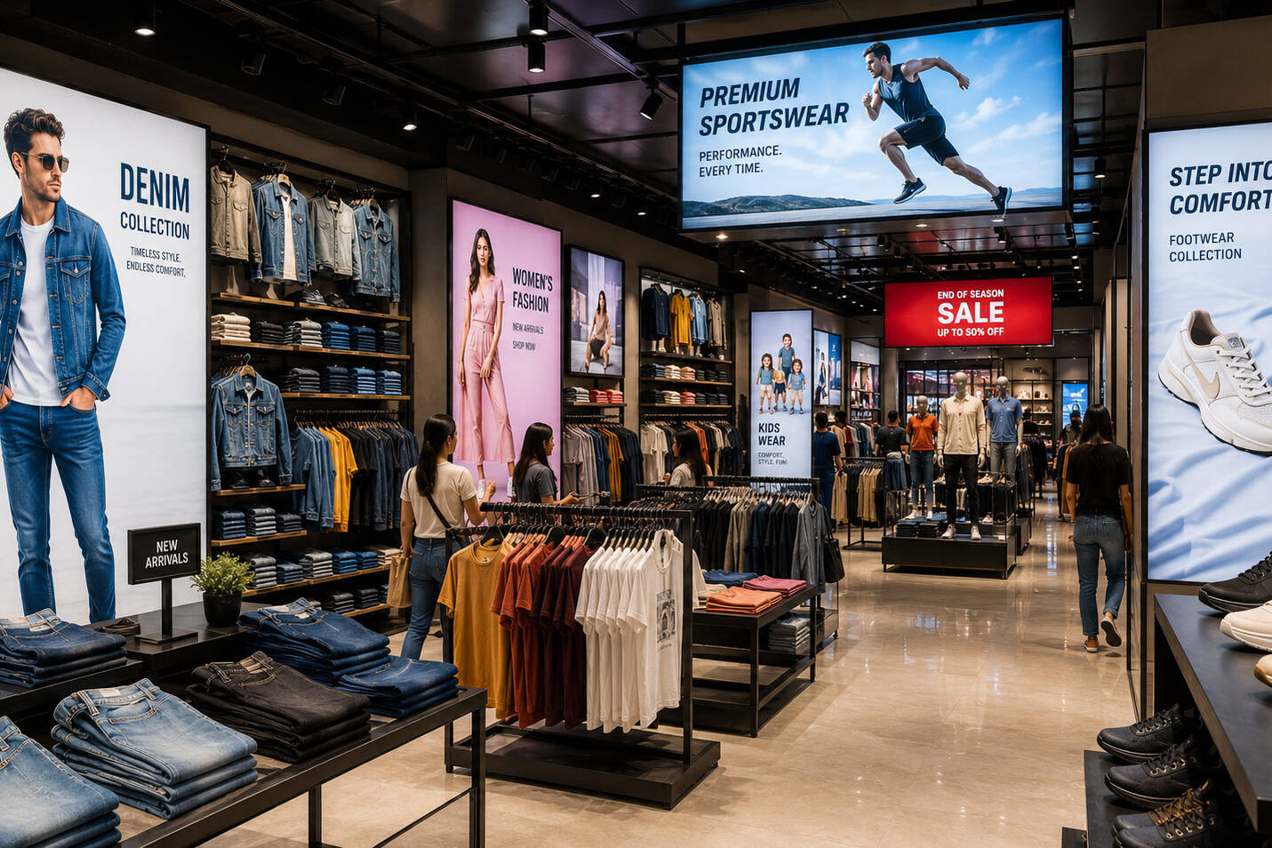 Fabric light box displays inside retail fashion store