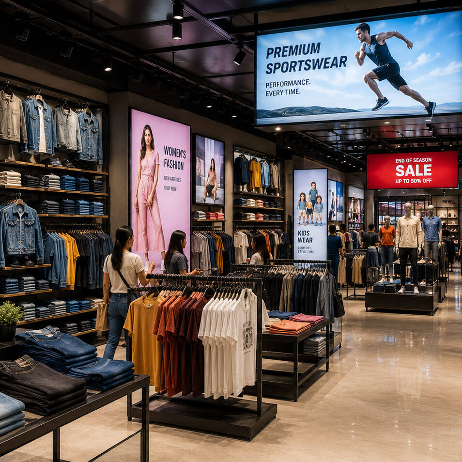 Fabric light box displays inside retail fashion store