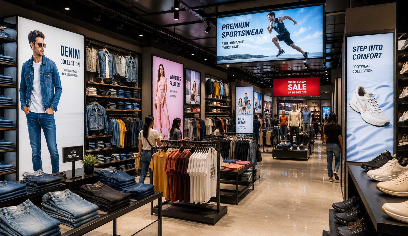 Fabric light box displays inside retail fashion store